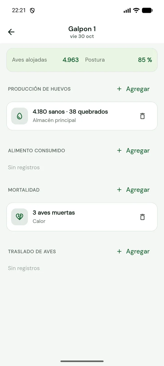 Pantalla del registro diario de un galpón con producción y mortalidad