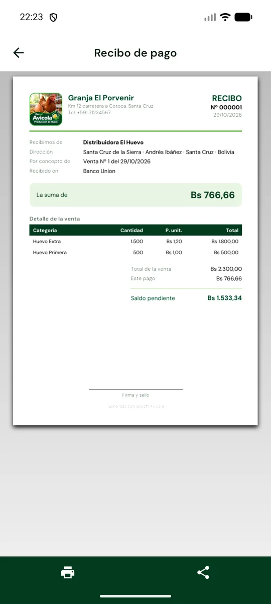 Recibo de pago en PDF con el logo de la granja