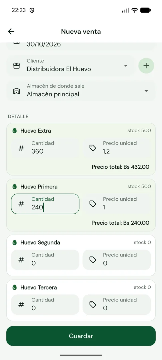 Formulario de venta con categorías de huevo, stock y precios